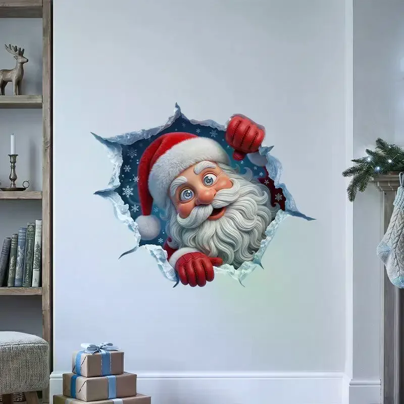 Christmas 3D Break Wall Santa Claus Wall Sticker Self Adhesive Removable 2027 Xmas Decor Bedroom Home Window Party Decor