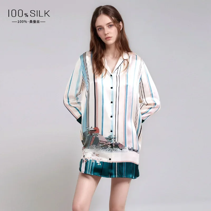 

19 мм 100% натуральный шелк, женская сексуальная пижама, рубашка, ночная рубашка, платье для сна с принтом, ночная рубашка на пуговицах, платье для сна с лацканами
