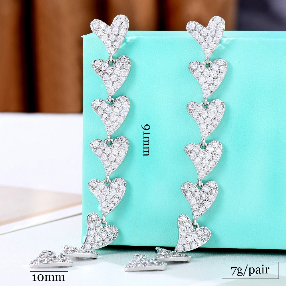 Missvikki Exclusive design Long Hearts Earrings Full Mirco Paved Cubic Zirconia Women Bridal Wedding Earring Fashion Hot Jewelry