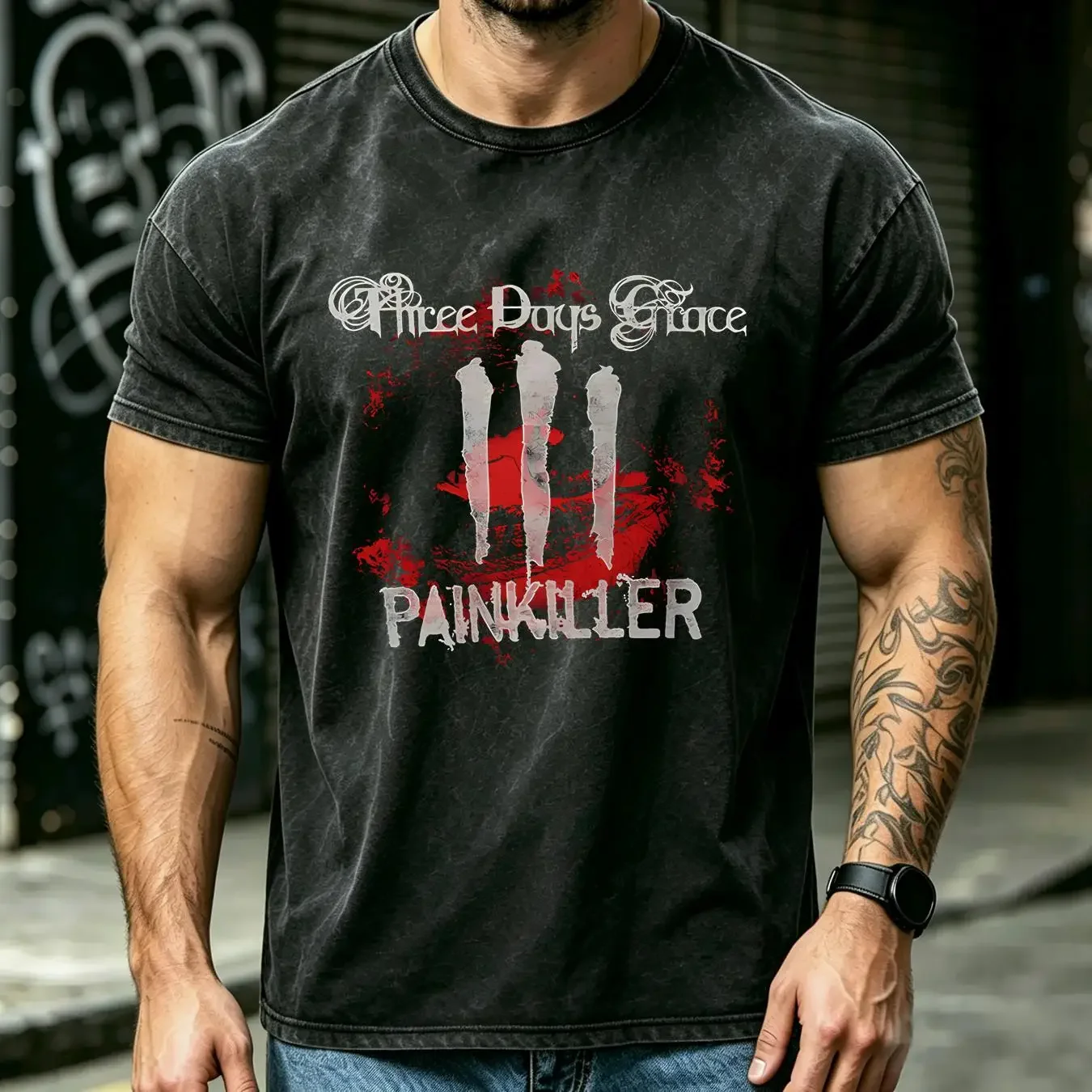 washed T Shirt THREE DAYS GRACE PAIN KILLER NEW BLACK TEE CB535 vintage Washed streetwear Casual Unisex Soft Slightly