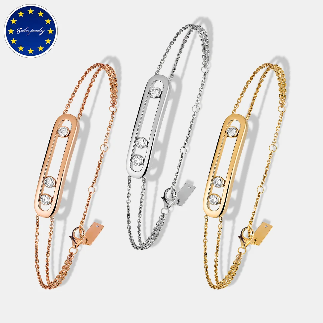 

French luxury brand jewelry 925 silver MOVE series mobile three diamond pendant double chain bracelet, my first diamond in life