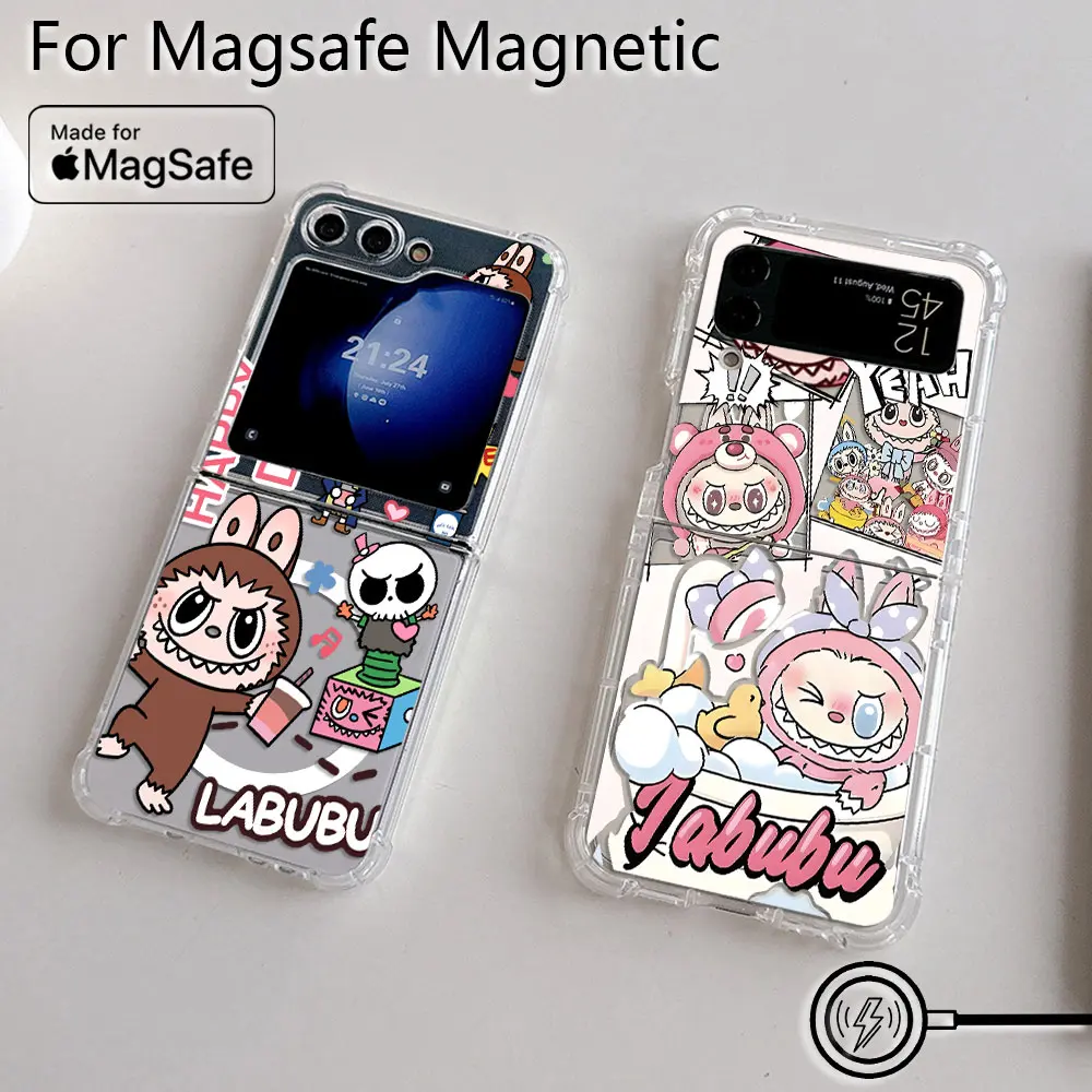 Cute Cartoon Labubu Magsafe Magnetic Phone Case for Samsung Galaxy Z Flip 3 4 Z Flip 5 6 Z 5G Soft Transparent Back Cover