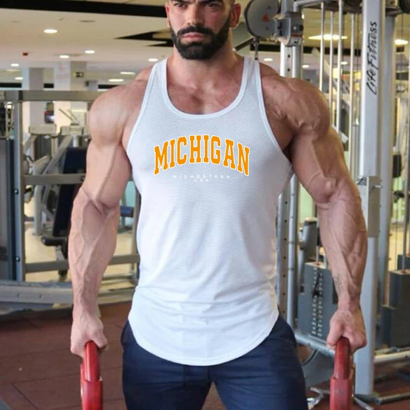

Gym Bodybuilding Fitness Muscle Sleeveless Vests Mens Casual Sport Rounded Hem Tank Tops Summer Mesh Quick Dry Breathable Shirts