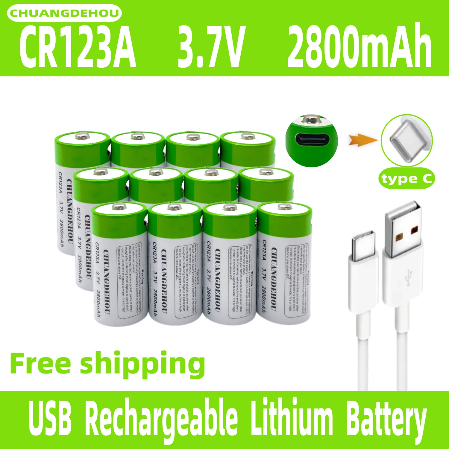 Lanterna LED de iões de lítio recarregável com cabo USB, bateria recarregável, CR123A, 2800mAh, 3.7V, 16340, 16350R, CR123A