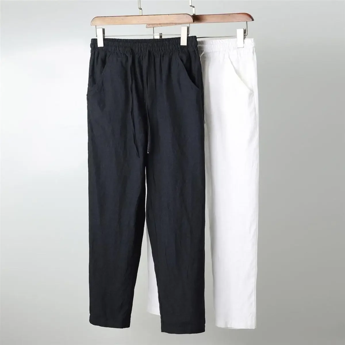 Men's Slim Fit Linen Cropped Pants Casual White Straight Leg Pants Loose Fit Summer Cotton Linen Mix For Middle Age Dads