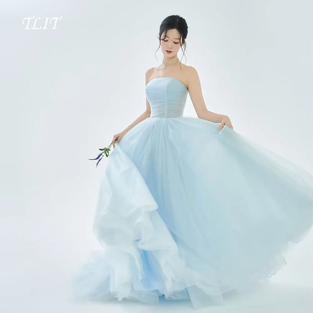 

TLIT Fairy Baby Blue Soft Tulle Evening Dress Customized Korea Bridal Gown Photo Shoot Strapless A-Line Prom Gowns Sweep Train