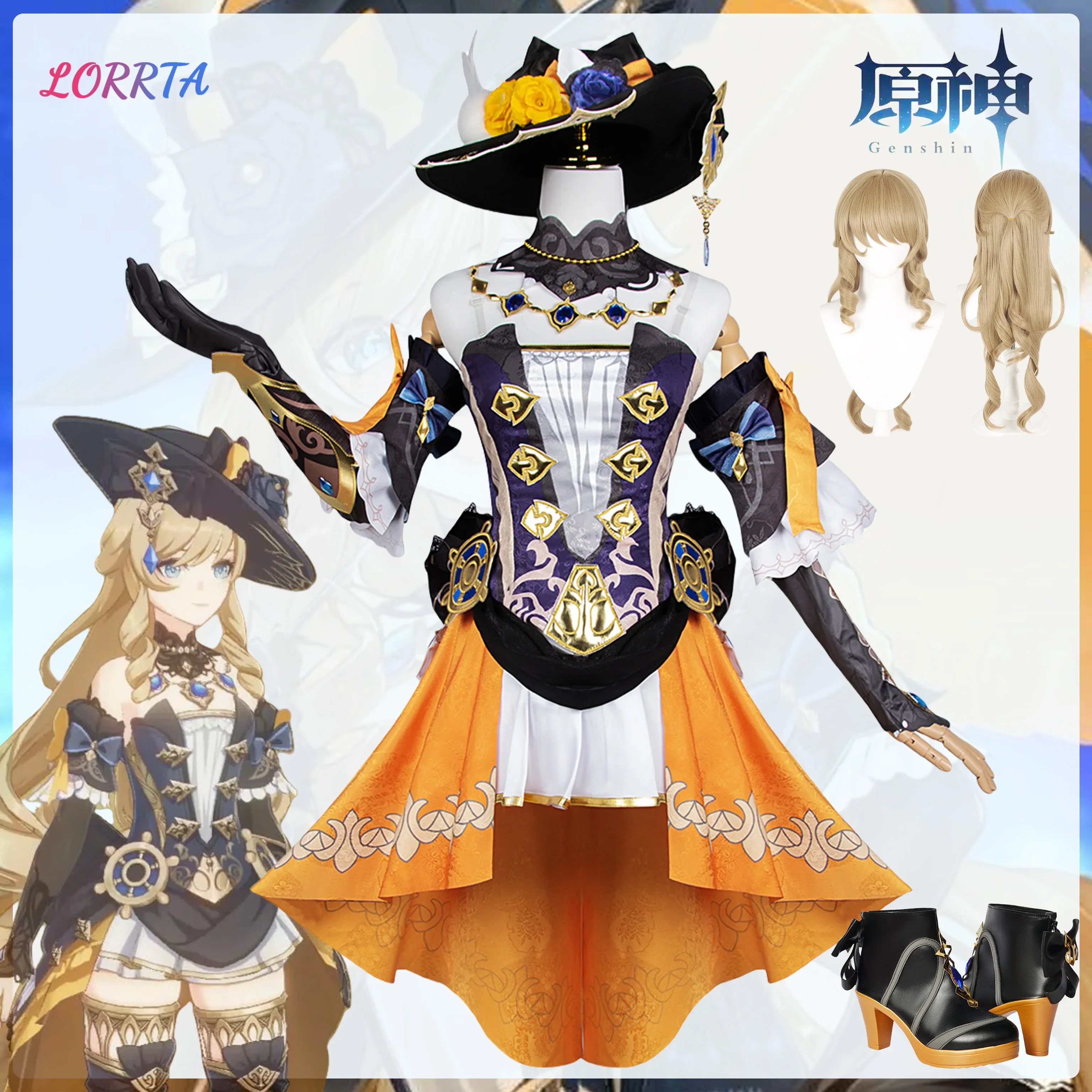 Genshin Impact disfraz de Navia, conjunto completo de peluca, sombrero, zapatos, vestido estilo Fontaine rococó, Di Rosula Spina, trajes de fiesta de Halloween