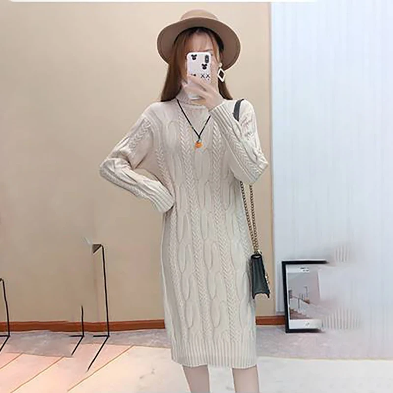 Autumn And Winter New Double Velvet Highnecked Over-the-knee Sweater Female Loose Long Sweater Long Skirt With Thick Coat Female