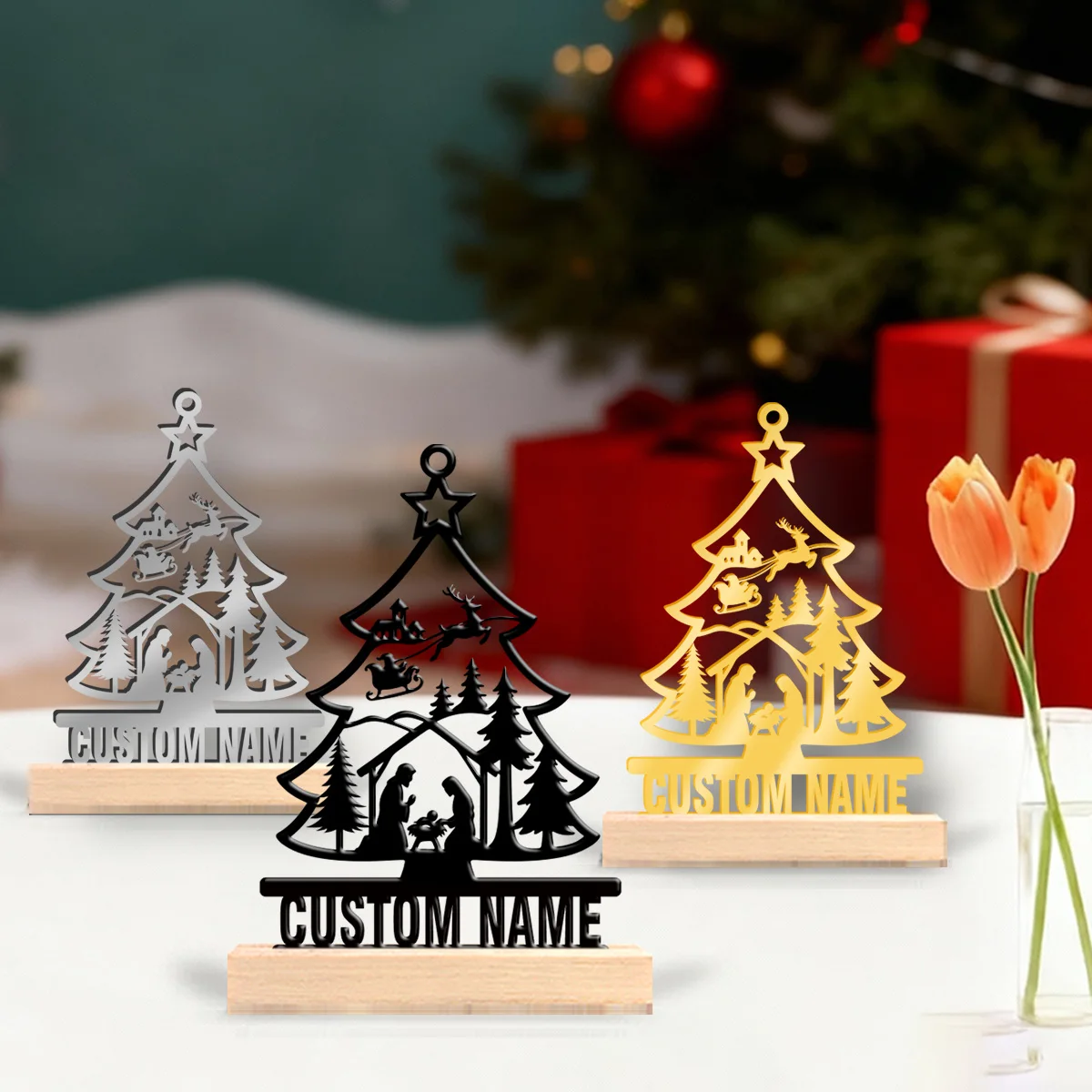 1pc Metal Desktop Ornaments and Decorations Custom Name Equipped with A Wooden Base Modern Rural Home Desktop Decorations