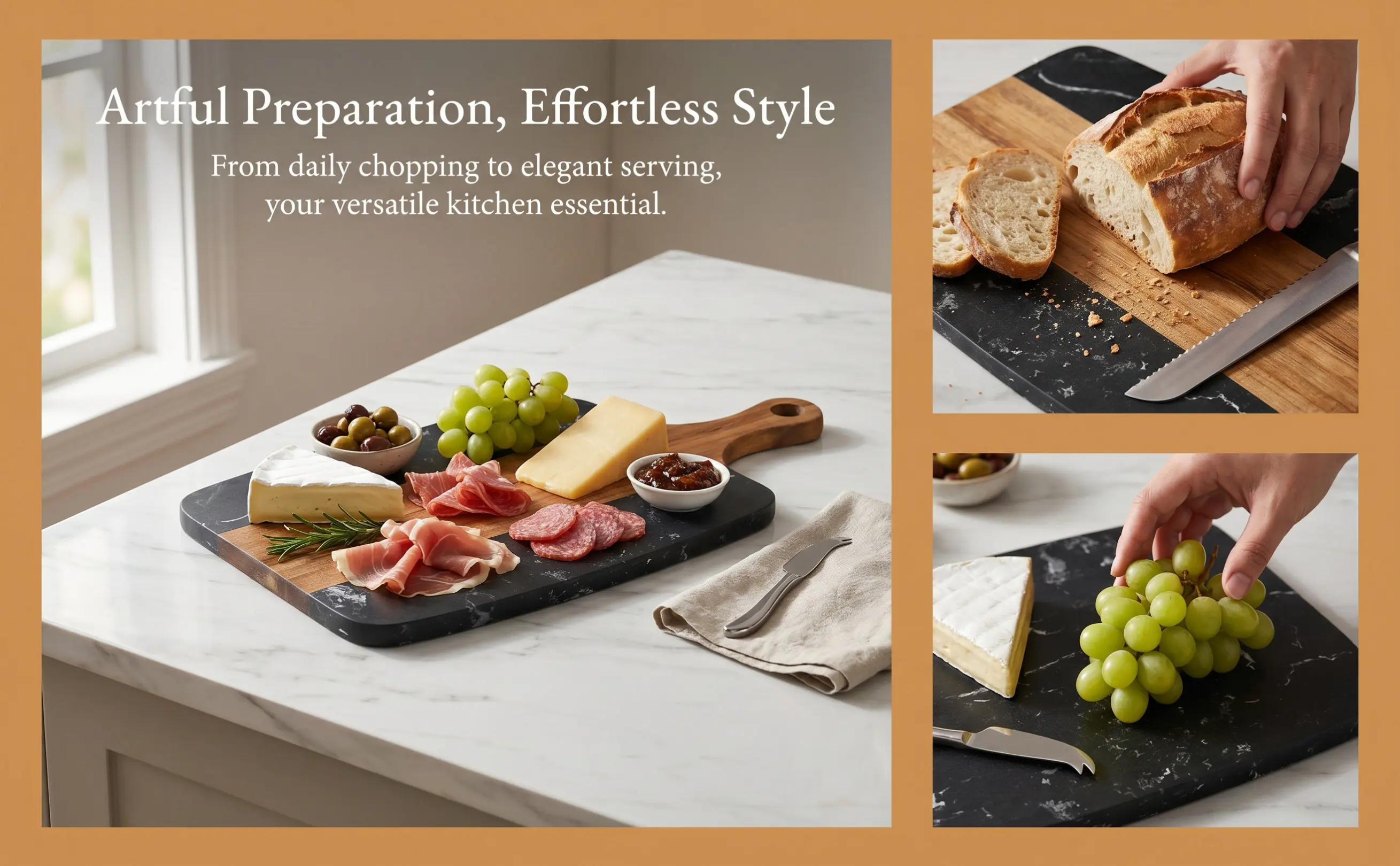 Dense Marble Wood Cutting Board Smooth Edges Hanging Handle Design for Kitchen Meat Vegetable Fruit Fish Cooking Prep Chopping