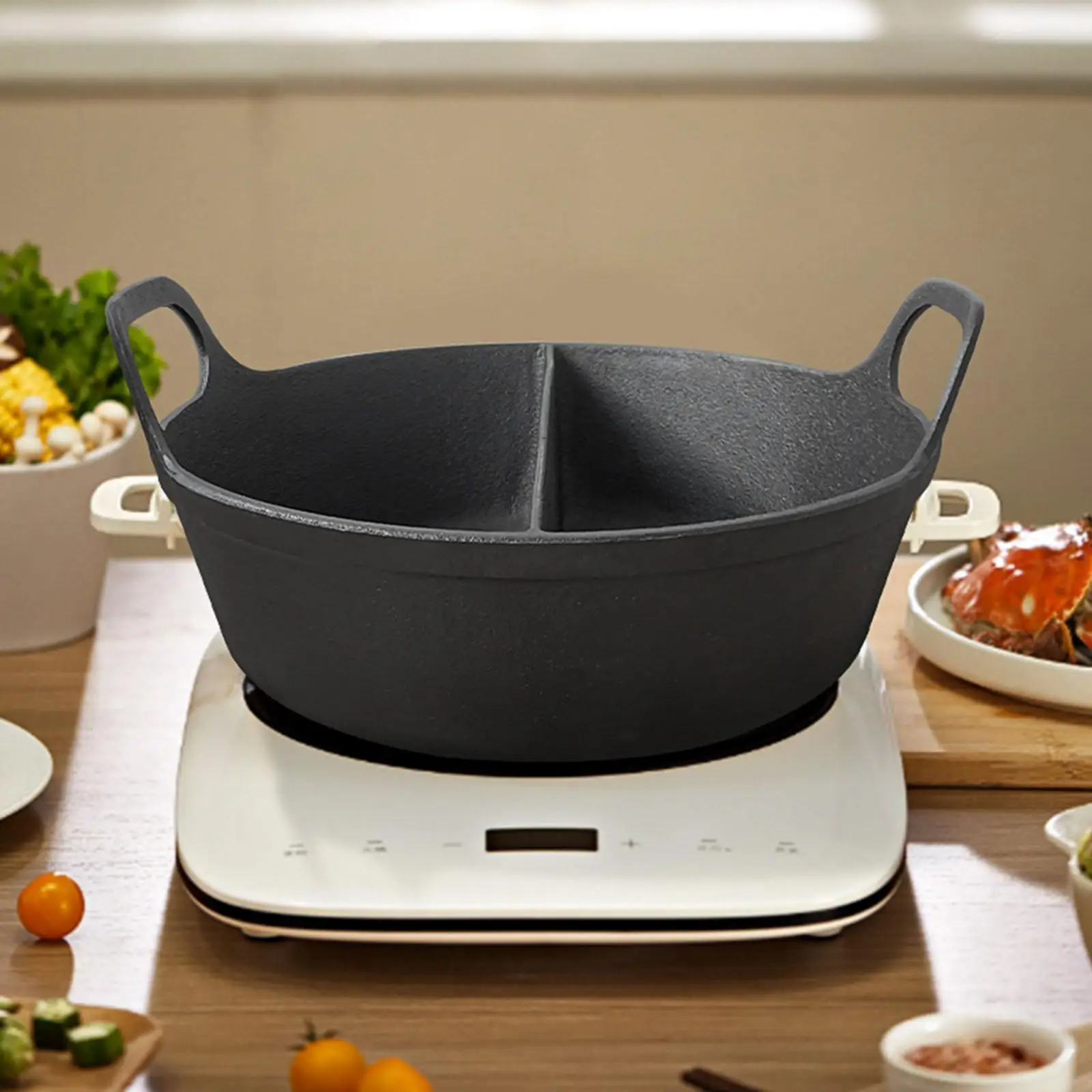 

Two-flavor Hot Pot Chafingdish Cookware Solid Fit 2-6 People Cast Iron Divided
