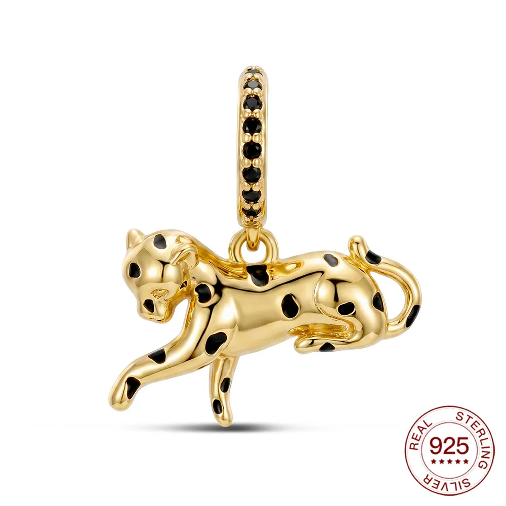New 925 Sterling Silver Charms Golden Lazy Leopard Pendant Beads Fit Bracelet Women's Diy Jewelry Love Daily Hot Gifts