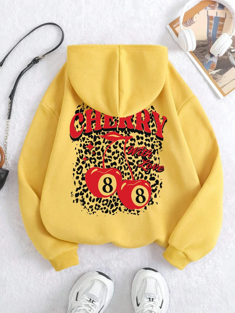 Cherry With Love Hoodie Men Womens Leopard Printing Pullovers Breathable Loose Pocket Warm Sweatshirt Winter Fleece Clothing