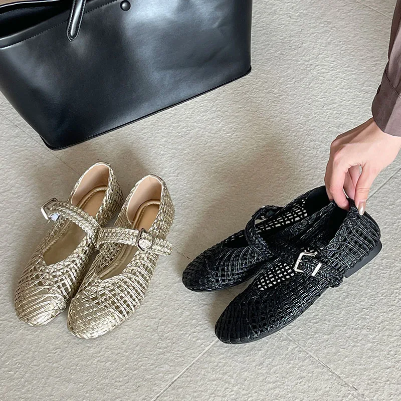 

2025 New Brand Women Flat Shoes Fashion Weave Hollow Slip On Mary Jane Ballet Ladies Flats Soft Dress Single Shoes Mujer New