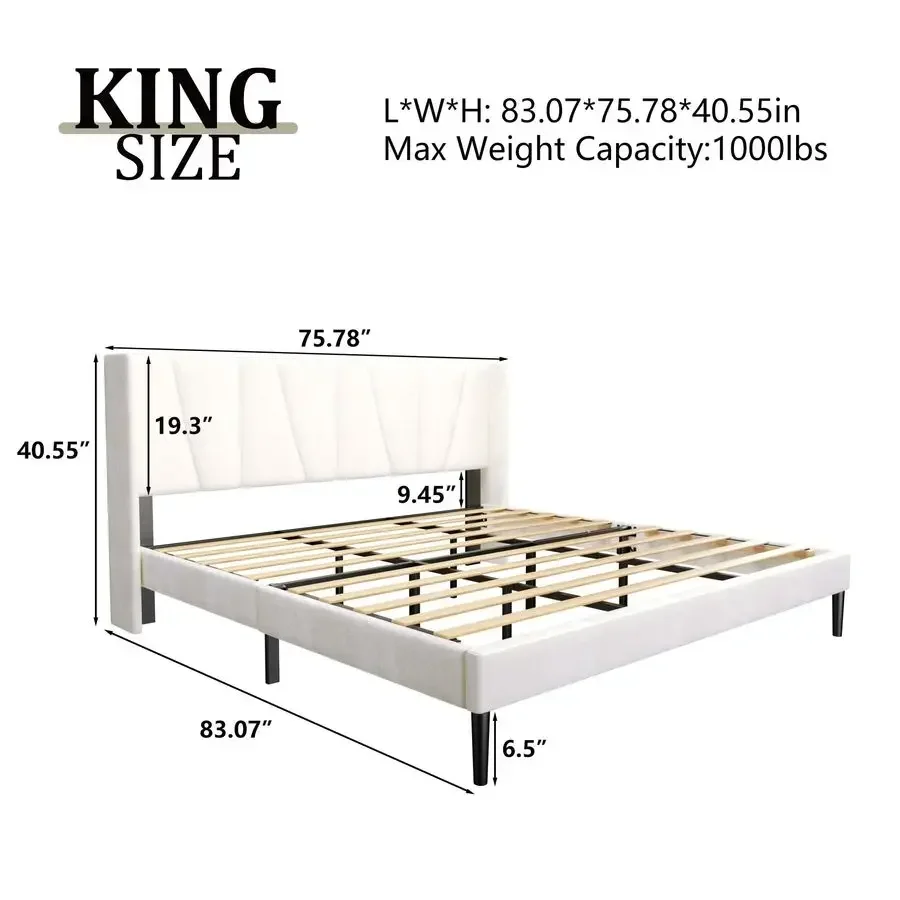 Velvet Upholstered King Size Bed Frame with Headboard