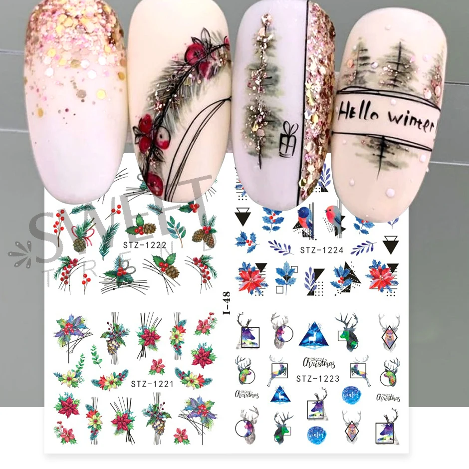 4 In 1 Winter Holly Geometry Water Nail Decals Snowflakes Santa Penguin Xmas Design DIY New Year Manicure Decoration Tips JII-48