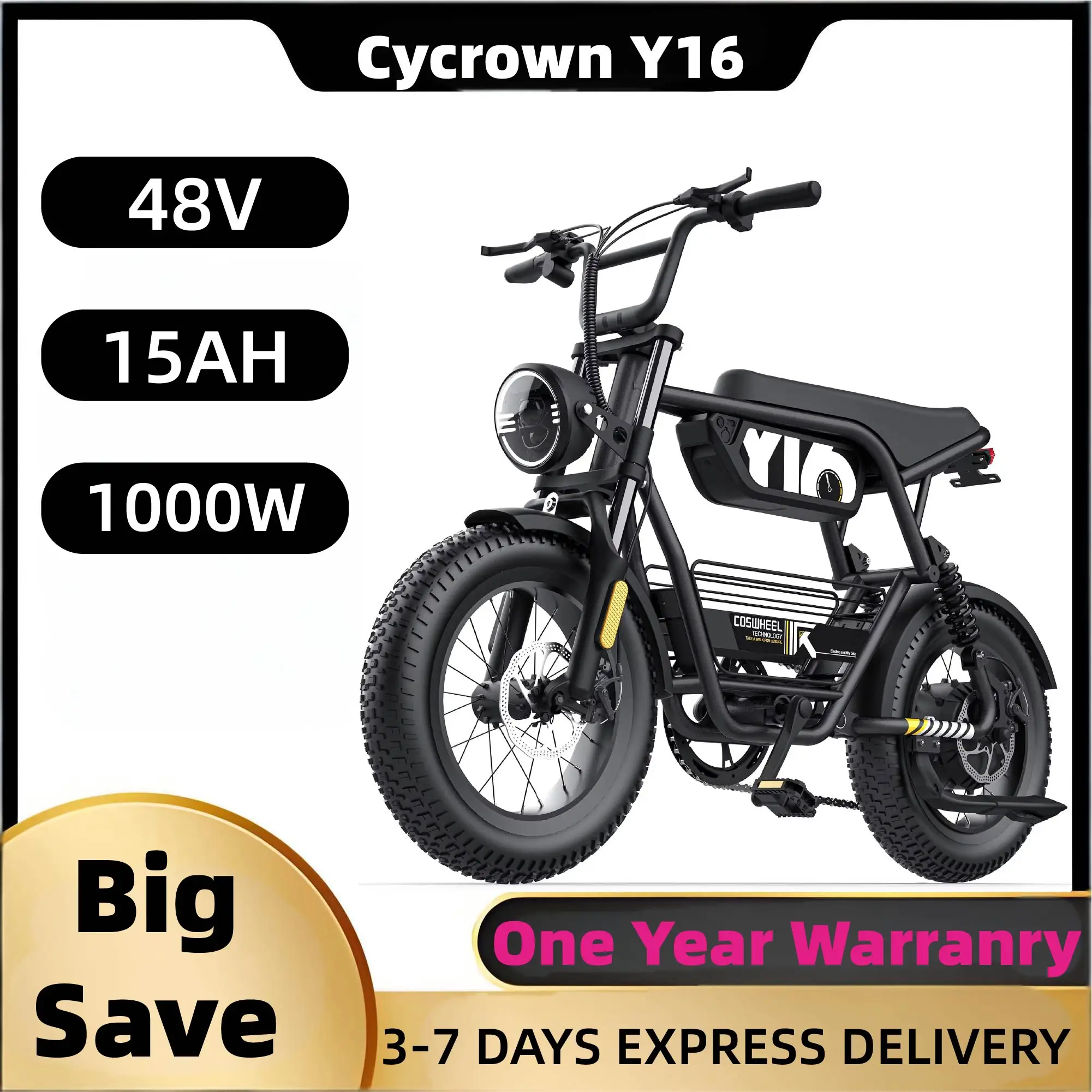 

Coswheel Y16 adult E-bike 1000W 48V15Ah battery commute Electric Bike,16-inch Fat Tire E-Mountain bike