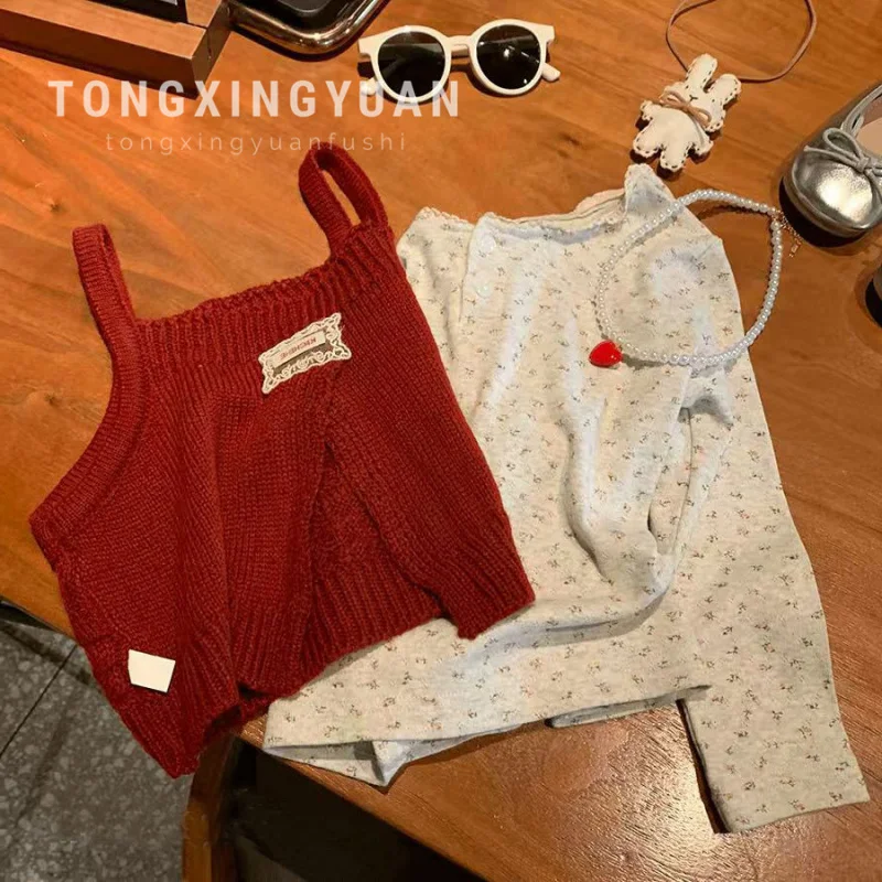 

New Girls Spring and Autumn Suit2025Trendy Knitted Camisole Base Shirt and Pants Casual Three-Piece Set for Girls