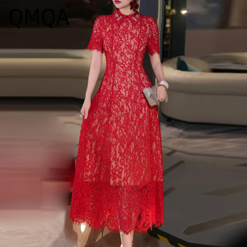 

QMQA Fashion Women's Elegant Dress Spliced Bead Lapel Collar Short Sleeve Medium Length Lace Slimming Dresses 2025 New QM528
