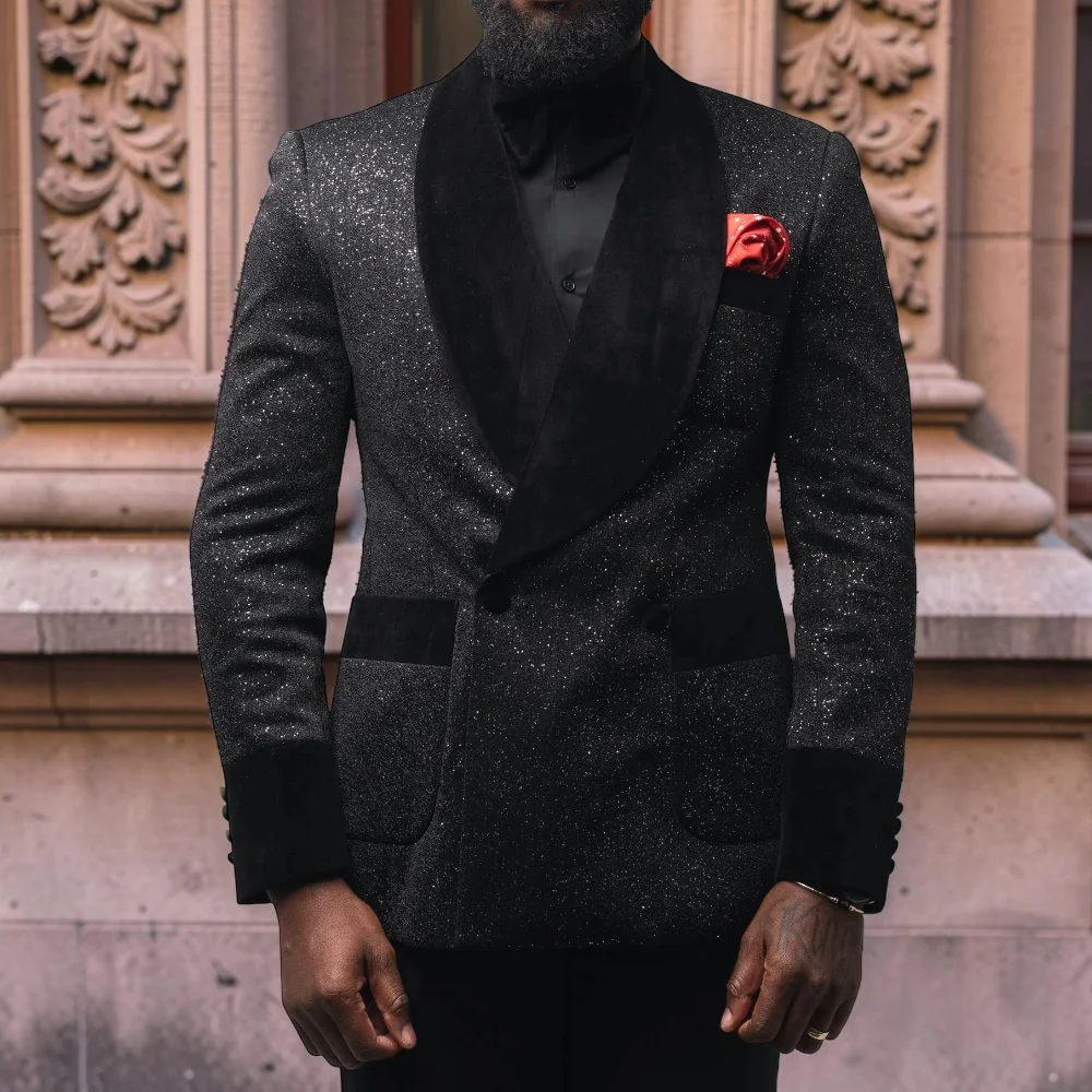 

Комплект из 2 предметов: Мужской бархатный костюм с двубортным пиджаком и брюками, индивидуальный пошив, приталенный крой, смокинг для жениха