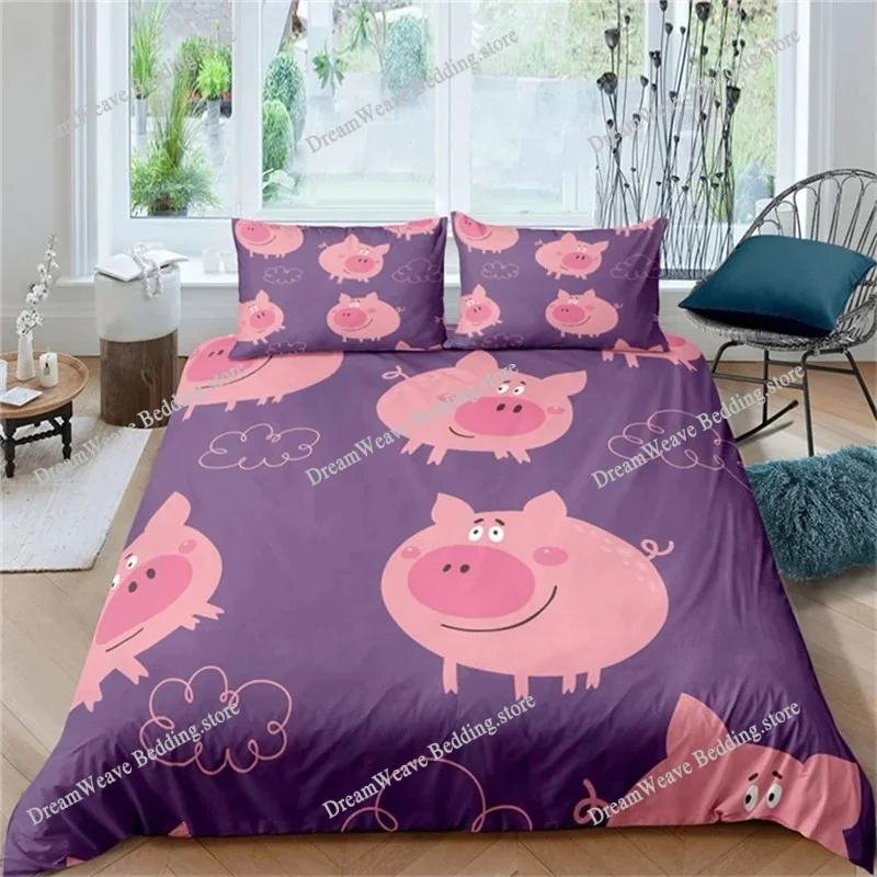 Cartoon Lovely Pig Duvet Cover Set Kawaii Animal Bedding Set King Microfiber Farmhouse Wildlife Theme Comforter Cover Pillowcase