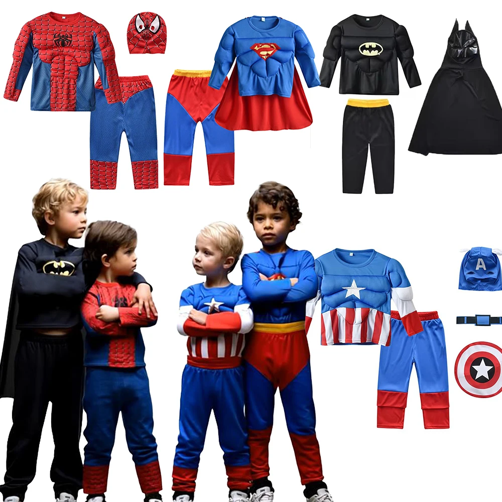 Disfraz de superhéroe Spider-Man, traje musculoso de Los Vengadores, disfraz de Spiderman para niños, Top de manga larga, pantalón, capas, ropa de casa, vestido de Halloween