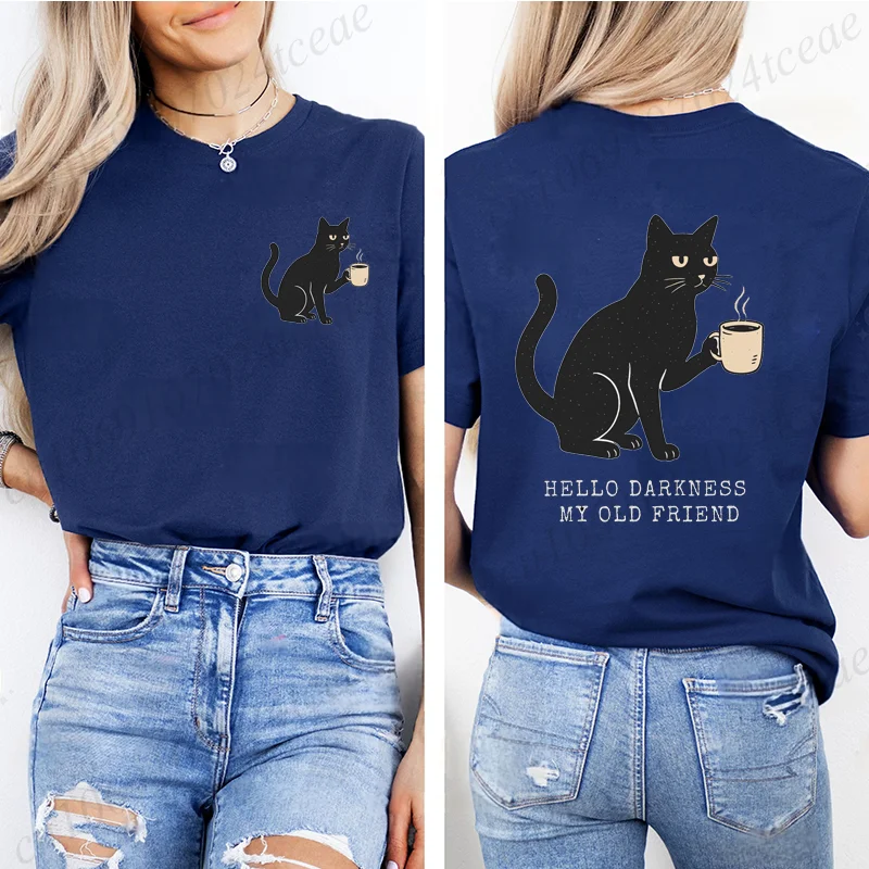 Loose Graphic Hello Darkness Funny Black Cat Print T-Shirt Short Sleeve Crew Neck Casual Top for Summer Halloween Women Clothing
