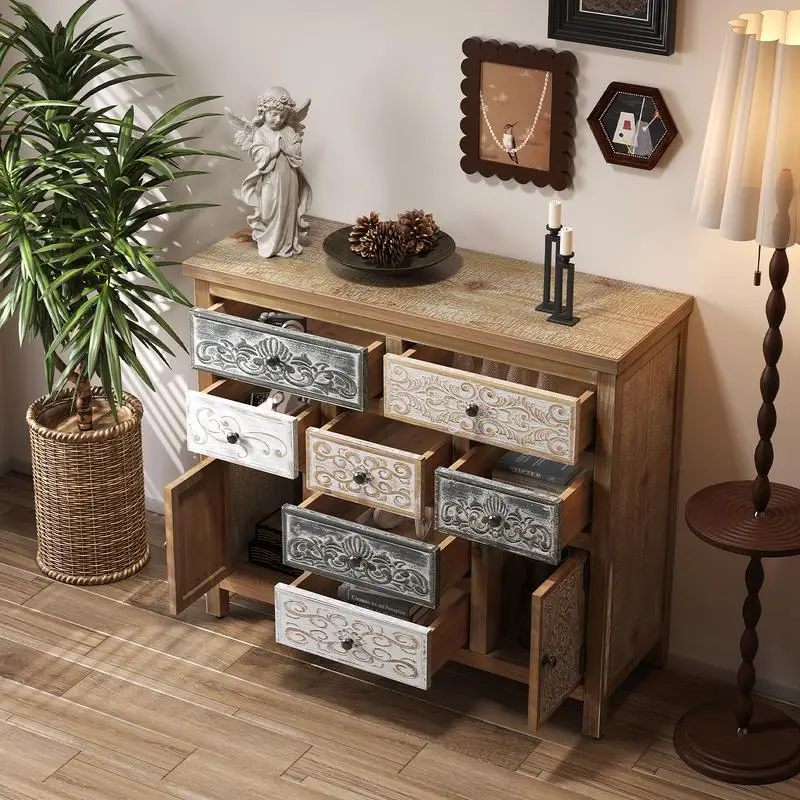 빈티지 나무 장식장, 7개의 서랍과 2개의 캐비닛, 거실, 침실용 다채로운 색상의 조각 장식 수납장