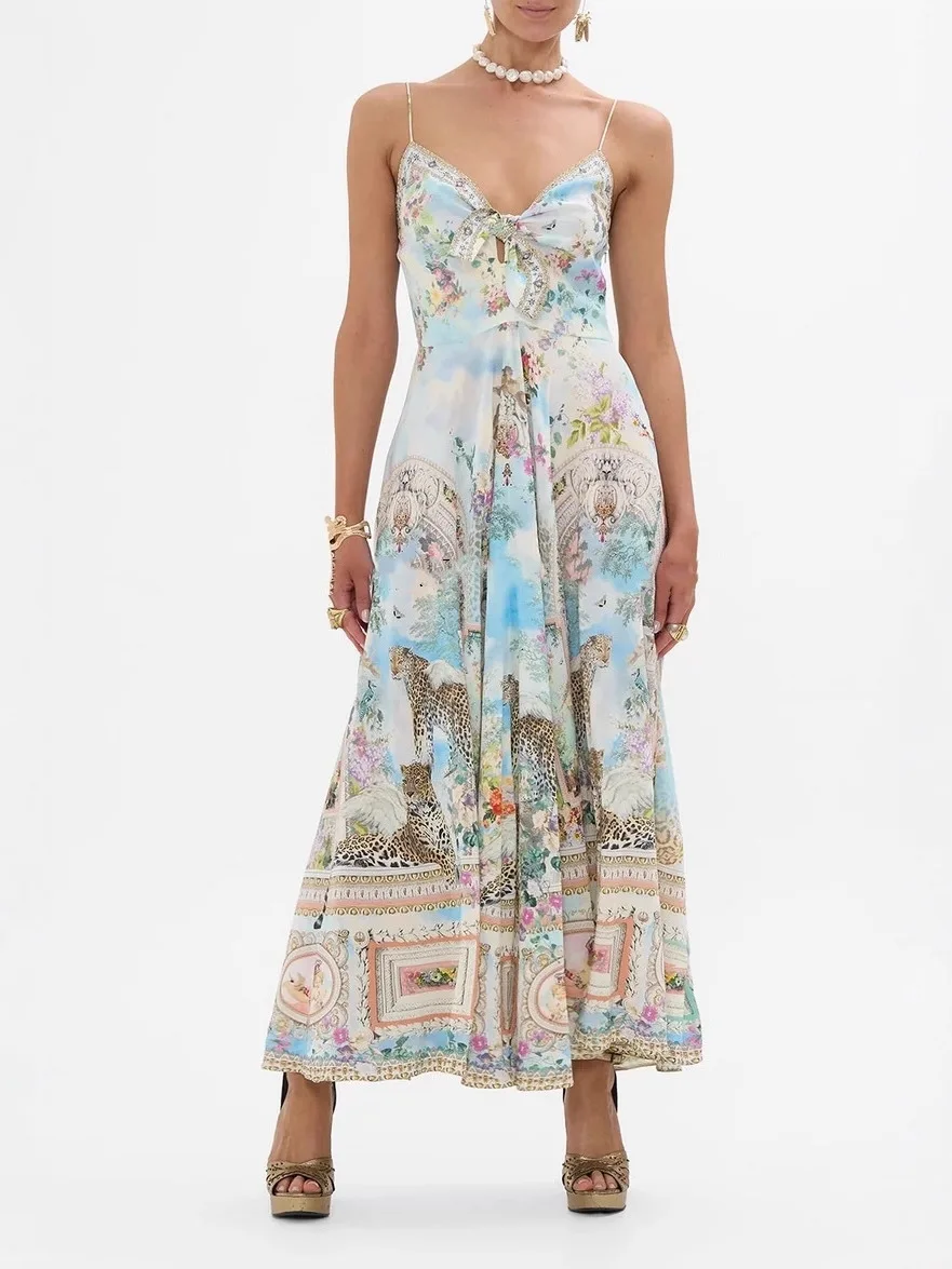 Sexy Print Halter Dress Vacation Long Skirt CML Retro Oil Painting Print Summer Collection Australian Trendy Brand V-Neck Zipper