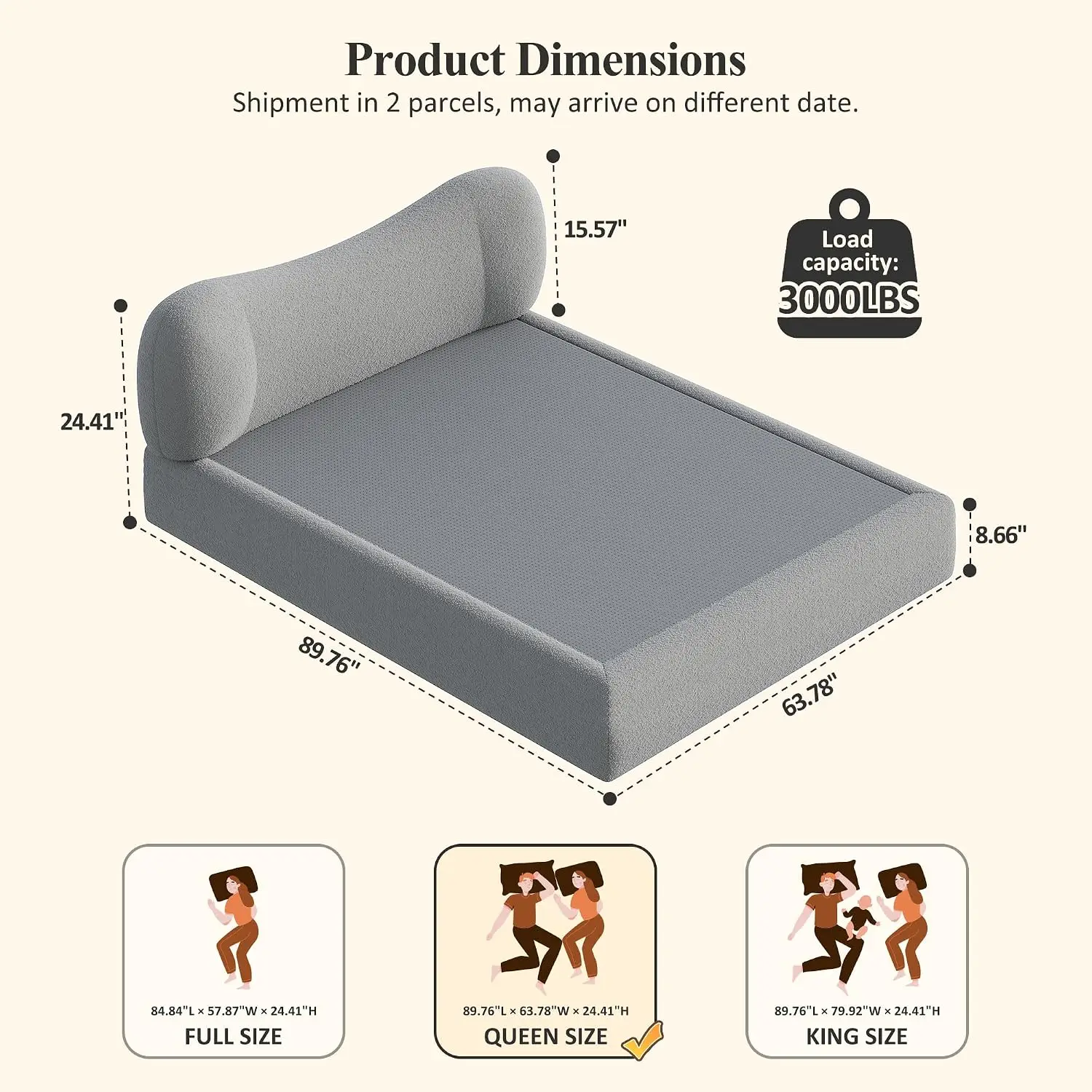 Queen Upholstered Bed Frame with Elephant Ear Headboard, Fabric Platform No Box Spring Needed, Grey, Customized