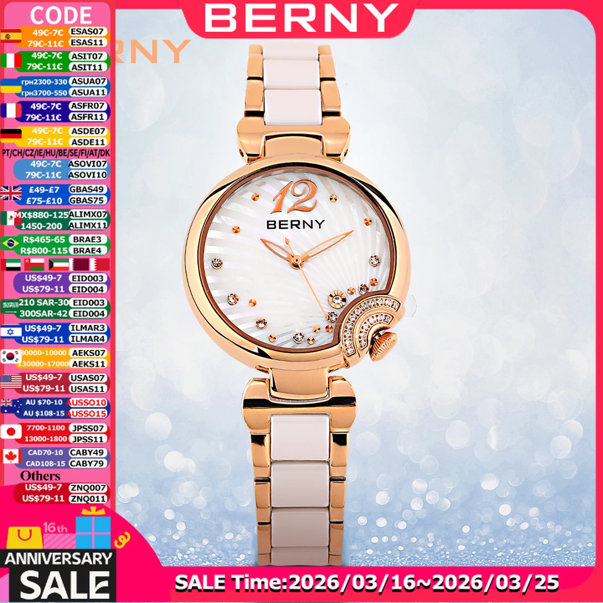 

Керамические часы BERNY для женщин, браслет из розового золота, водонепроницаемые часы с пряжкой-бабочкой, модные керамические женские часы с бриллиантами