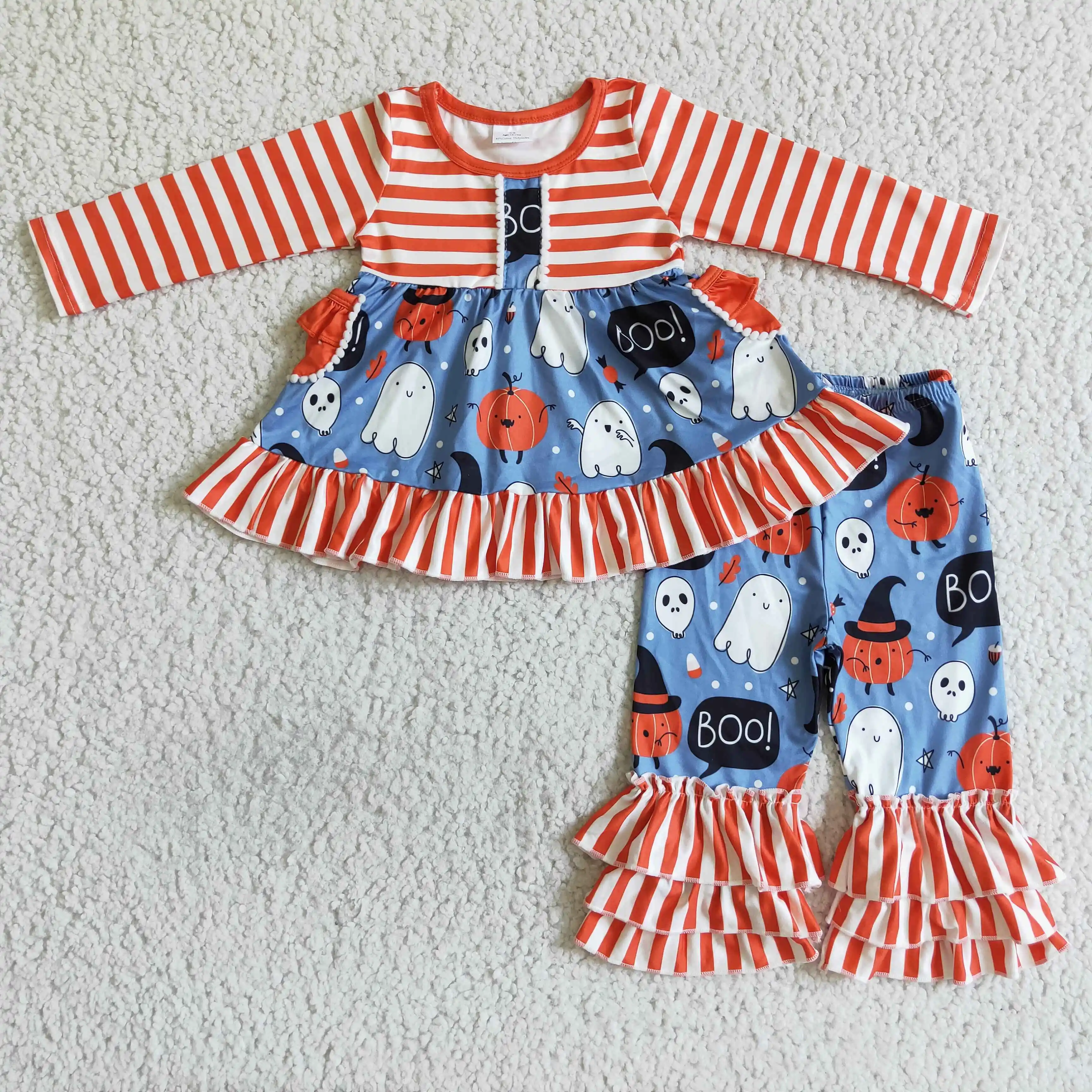Wholesale Toddler Halloween Set Kids Stripes Long Sleeves Ghosts Pumpkins Tunic Ruffle Pants Outfit Children Baby Girl Clothes