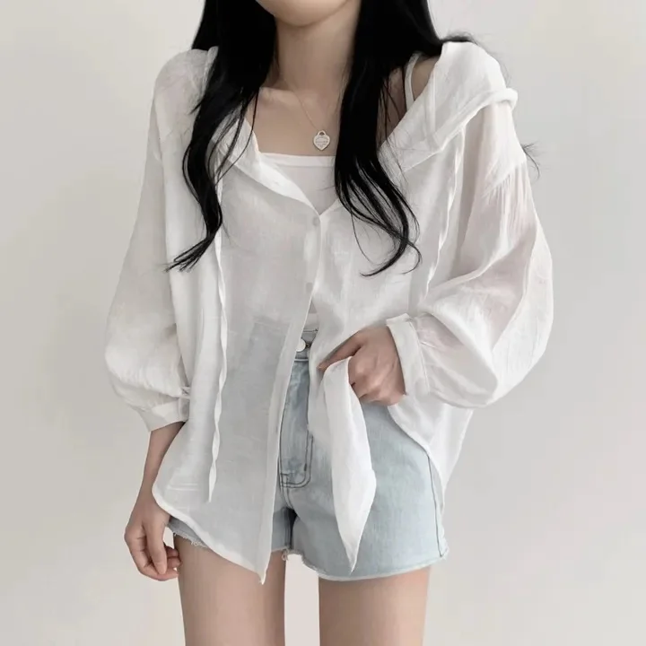 

Летняя женская свободная рубашка-куртка 2026 года с длинным рукавом, однотонная, с защитой от солнца, легкая, с капюшоном, на одной пуговице, верхняя одежда