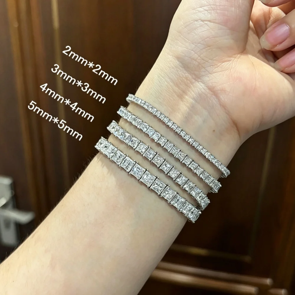 NKHOG 2/3/4/5mm Princess Cut Moissanite Tennis Bracelets For Women Men S925 Silver Sparkling Lab Diamond Hand Chain Jewelry Gift