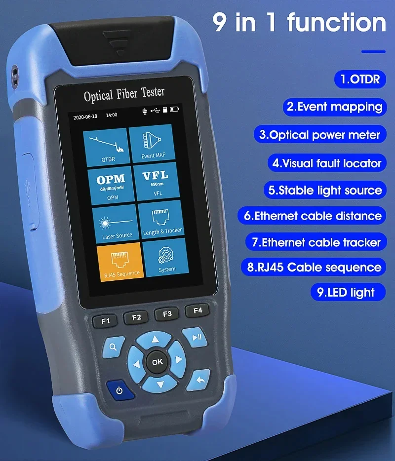 

Pro Mini OTDR Fiber Optic Reflectometer AUA900D With 9 Functions VFL OLS OPM Event Map 24dB for 64km Fiber Cable Ethernet Tester