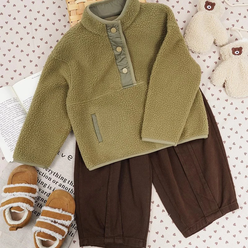 Winter New Baby Kids Lamb Fleece Sweatshirts Retro Green Buckle Long-Sleeved Warm Casual Pullover Tops Children's Clothing