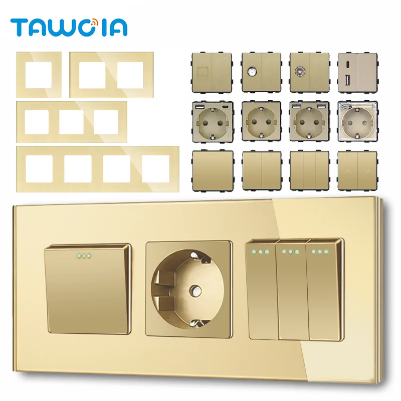 TAWOIA Mechanical Button Light Switches 1/2/3Way Half TV RJ45 ST Plug EU FR Wall Sockets USB Type-C Ports DIY Parts Glass Frames