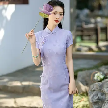 2024春季新款紫色蕾絲旗袍,青春時尚改良版女童修身旗袍,優雅旗袍 8 最佳銷售 女式旗袍 - №5