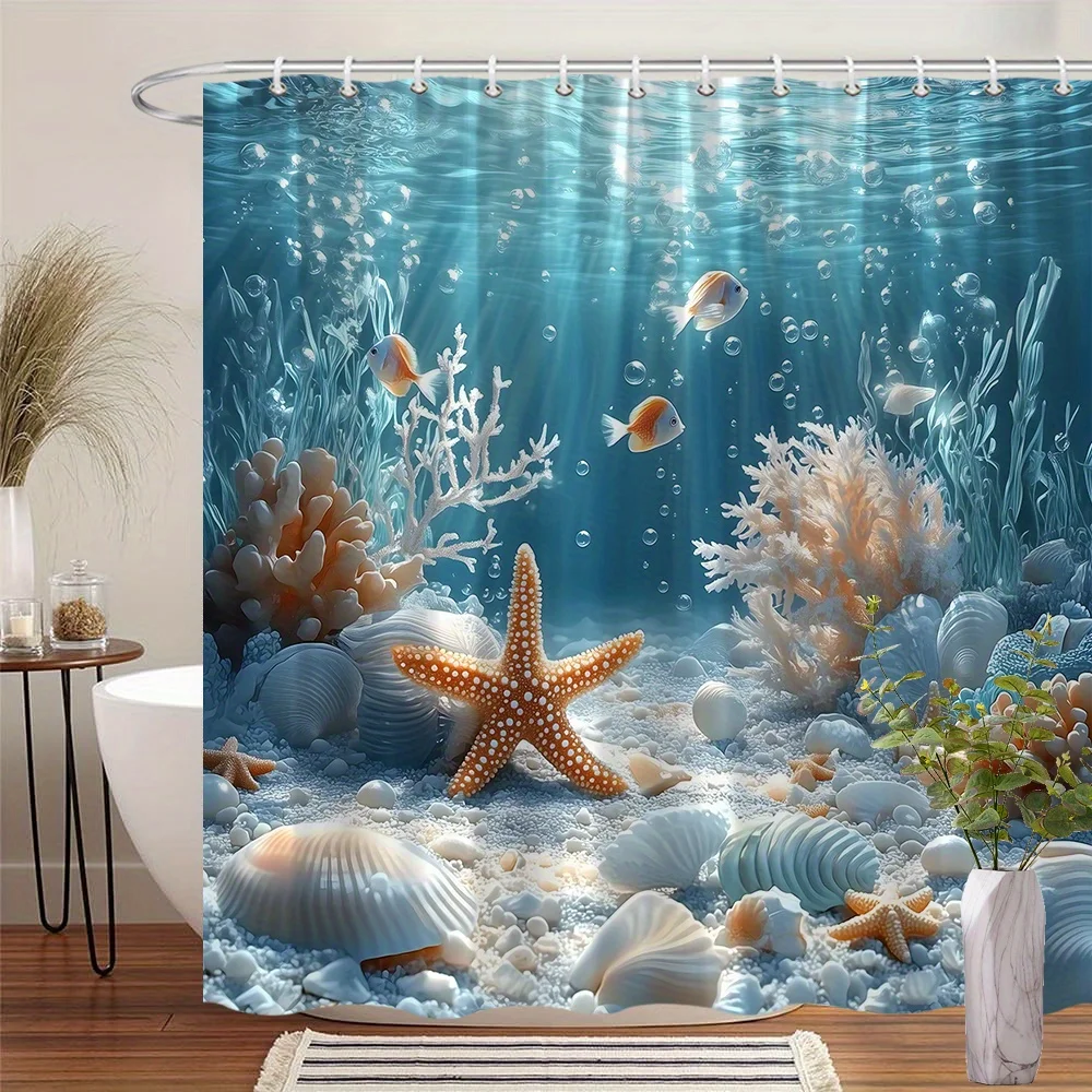 

1pc Underwater Coral Reef Shower Curtain with Starfish, Tropical Fish & Luminous Sunlight - Vibrant Marine Life Design, 70x70 In