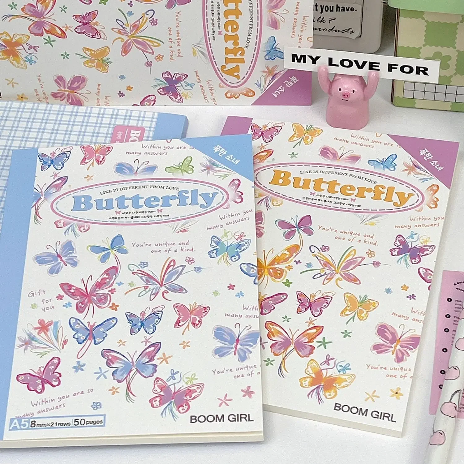 IFFVGX A5 50 Sheets Notebook Kawaii Ins Style Hand-drawn Butterfly Checkered Lines Portable Planner Retro Coil Schedule School