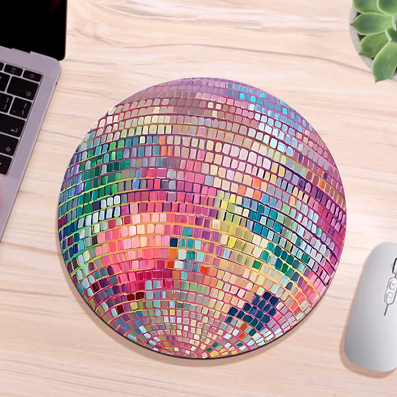 Rubber Round Pink Disco Ball Mouse Pad - Aesthetic Desk Accessory for Office Laptop Computer - Ideal Gift for Girlfriend Women