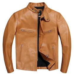 Men's Casual Slim Yellow Genuine Leather Jacket Fashion Real Cowhide Leather Jacket Vintage Motorcycle Biker Coat Autumn Spring