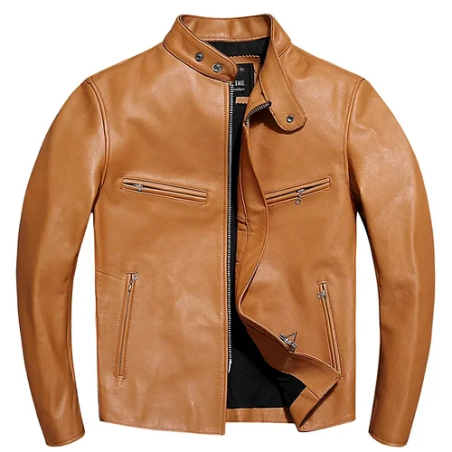 Chaqueta informal ajustada de cuero genuino amarillo para hombre, chaqueta de cuero de vaca Real a la moda, abrigo de motociclista Vintage para otoño y primavera