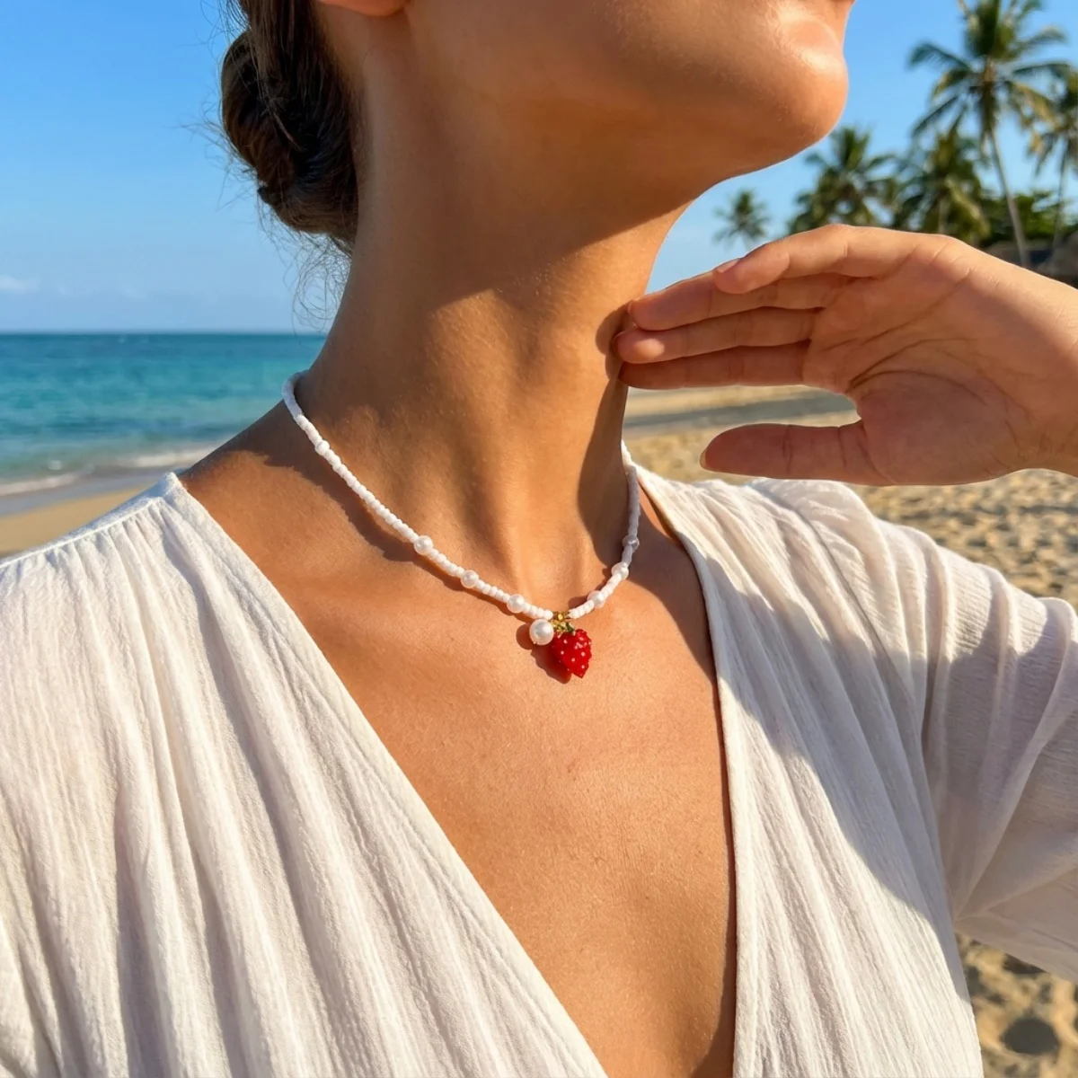 Reisperlen-Erdbeer-Anhänger-Halskette für Damen und Herren, süße, niedliche Kirsch-Herz-Schleifen-Quasten-Halskette, Y2K-Sommer-Modeschmuck – Detail 14