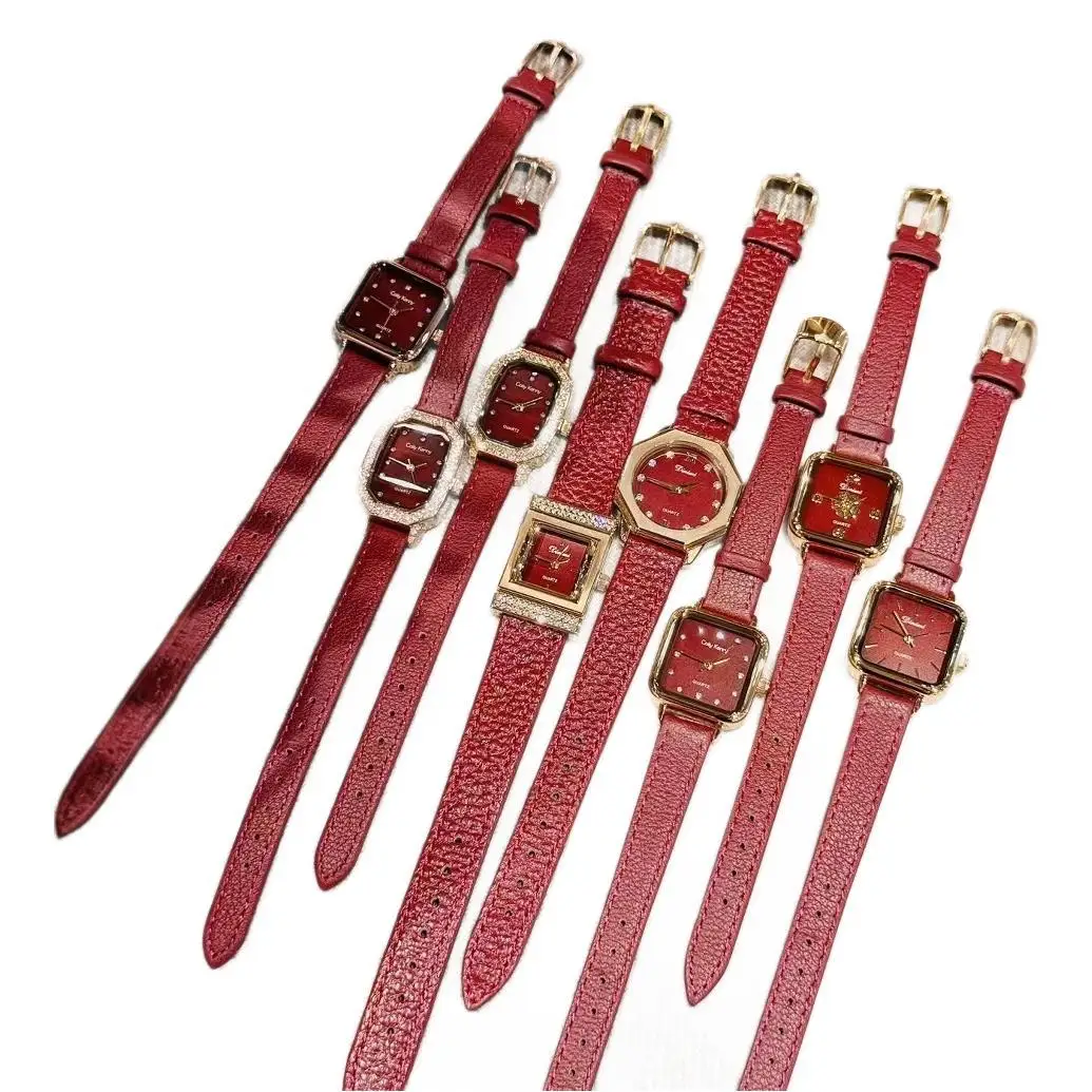우아한 여성용 시계, 버건디 가죽 스트랩이 있는 2025년 신형 여성용 시계, 고급 시계, 여성용 주얼리, 여성용 선물
