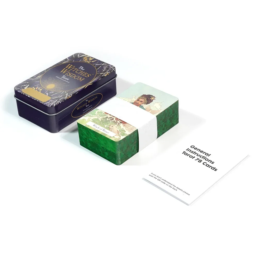 10.3*6cm The Witchesโ Wisdom Tarot Deck In A Tin Box with Green Gilded Edges 78 Pcs Tarot Cards with Guidebook for Beginners