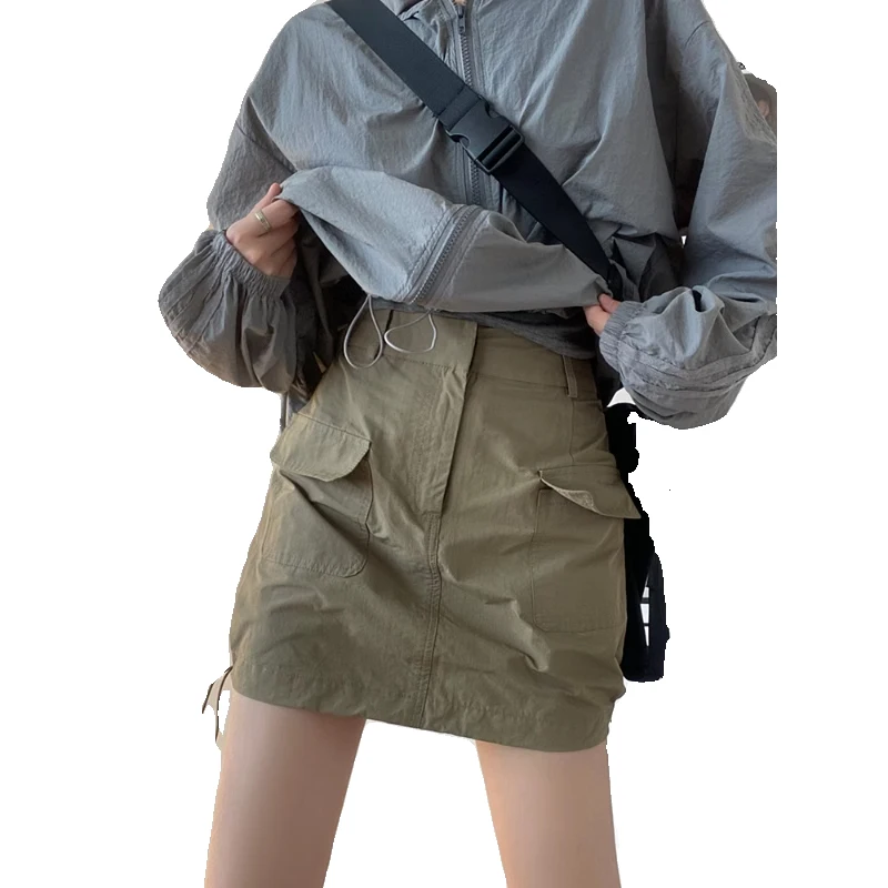 アメリカンミリタリー een ワークウェア スカート レディース ウエストシェイプ スリミングデザイン レトロ機能性 ハイウエスト Aラインスカート