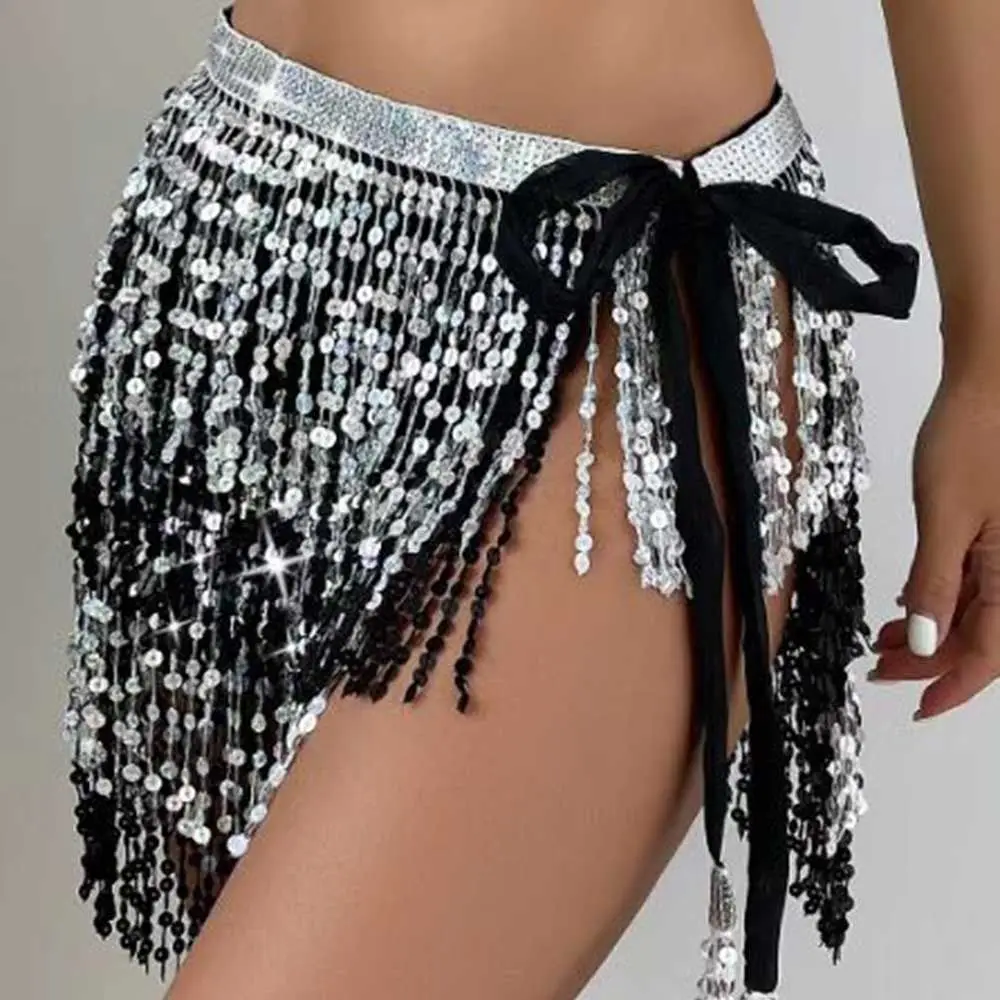 Falda con flecos de lentejuelas para mujer, accesorios de falda para danza del vientre, cinturón bohemio con flecos de lentejuelas, bufanda, cadena de cintura, ropa de espectáculo de danza del vientre