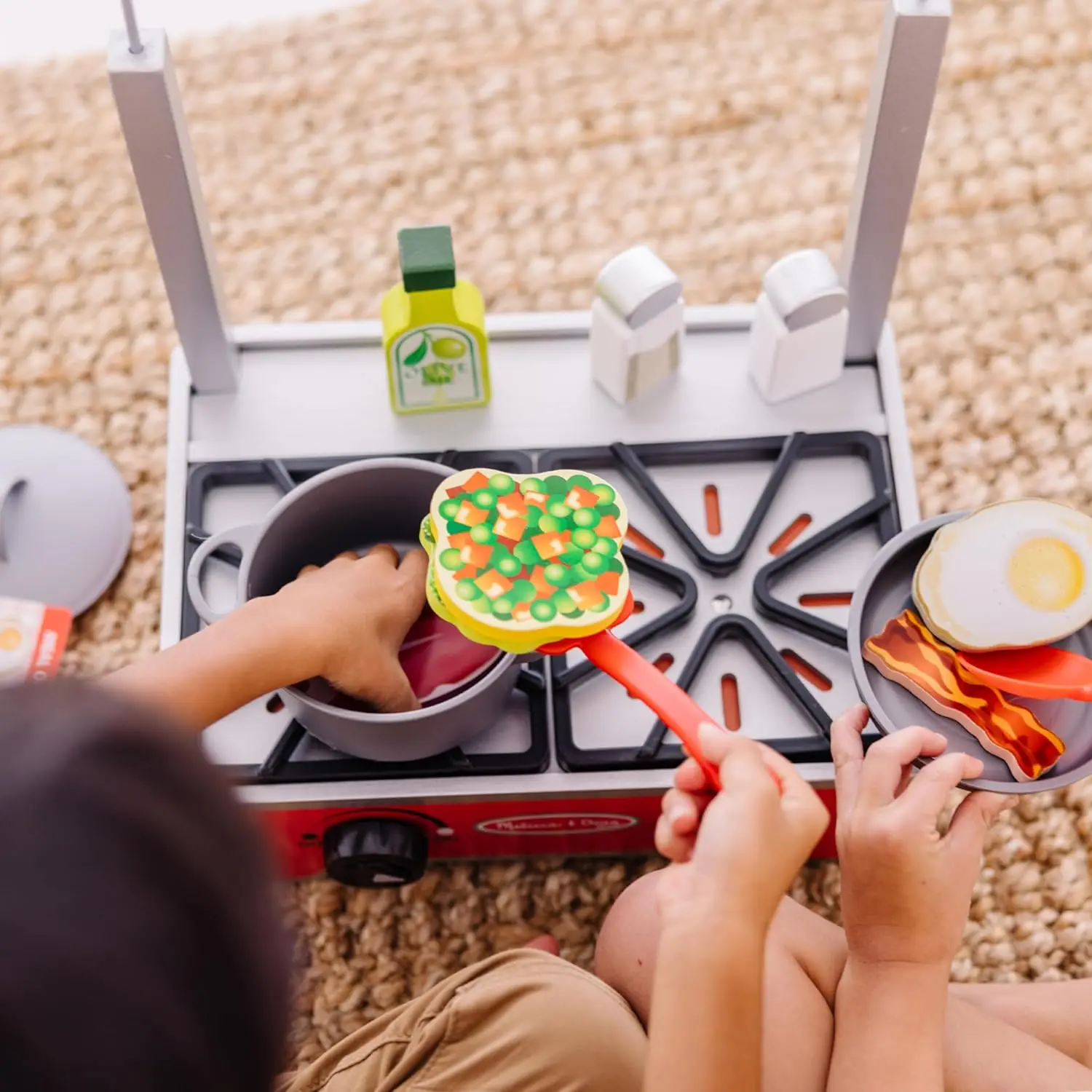 19-Piece Deluxe Wooden Cooktop Set with Wooden Play Food, Durable Pot and Pan