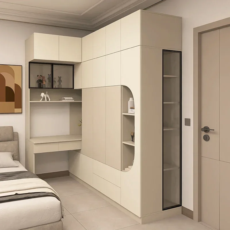 HHCorner Wardrobe Integrated With Desk Bookcase Combination Solid Wood Small Apartment